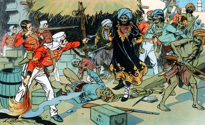 Myterister attackerar tidningen i Delhi, Indian Mytery, 11 maj 1857 c1900 av Unbekannt