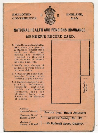 National Health and Pensions Insurance Card: Members Record Card, c1930s av Unbekannt
