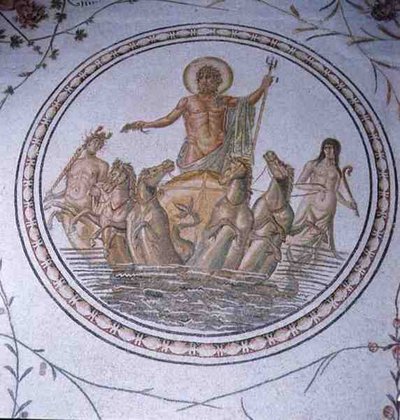 Neptunus på sin vagn med Hippocampi och Tritonerna (mosaik) av Unbekannt