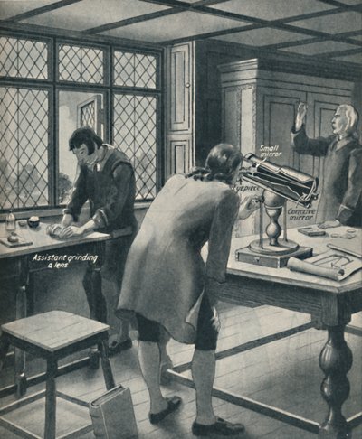 Newton uppfinner ett nytt teleskop, c1934 av Unbekannt