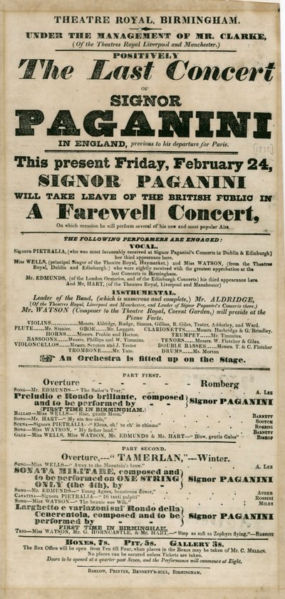 Niccolo Paganini - playbill av Unbekannt