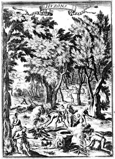 Nordamerikanska Huronindianer som jagar och lagar mat i skogsmark, 1686 av Unbekannt