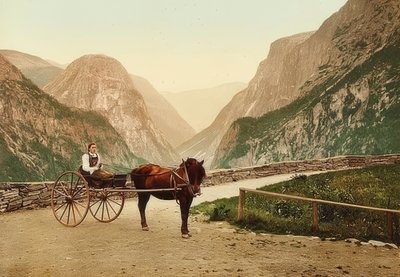 Norsk bondflicka på en hästdragen vagn. Omkring 1900. Fotokrom. Fotografering av Photoglob / Zürich av Unbekannt