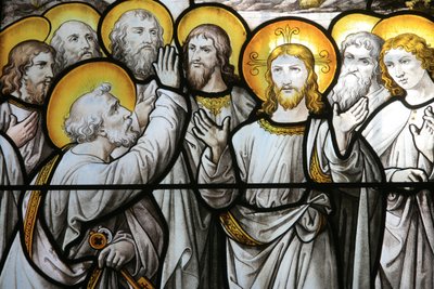 Notre Dame de Beaune kyrkans målat glasfönster: Sankt Peter protesterar mot sin trohet mot Kristus Beaune Frankrike av Unbekannt