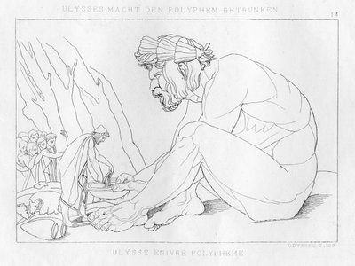 Odysseus dricker med Polyfemos, cyklopen, c1833 av Unbekannt
