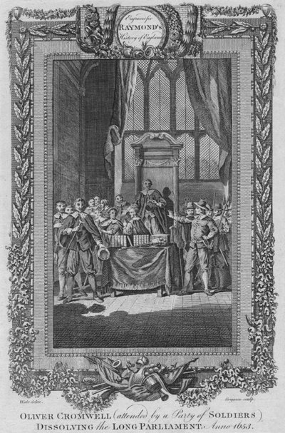 Oliver Cromwell besöktes av en stad av soldater som upplöser det långa parlamentet. Anno 1653, c1787 av Unbekannt