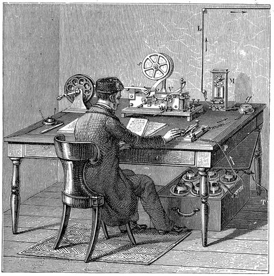 Operatör som skickar ett meddelande på en Morse-elektrisk trycktelegraf, 1887 av Unbekannt