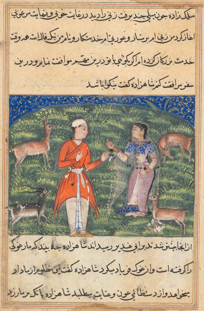 Sida från Tales of a Parrot Tuti-nama: Artonde natten: Nikfal, förmögenheten..., ca. 1560. av Unbekannt
