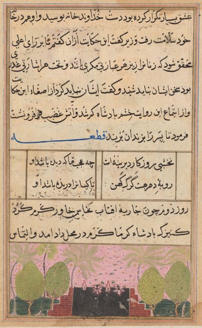 Sida från Tales of a Parrot Tuti-nama: Åttonde natten: Landskap med en lotus, ca. 1560. av Unbekannt