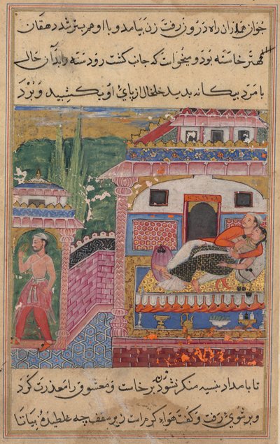 Sida från Tales of a Papegoja Tuti-nama: Åttonde natten: Den bedrägliga hustrun övertalar..., 1558-1560. av Unbekannt