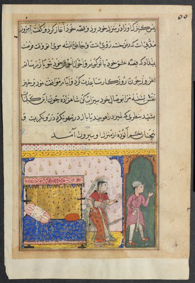 Sida från Tales of a Papegoja Tuti-nama: Åttonde natten: Prinsen avvisar de amorösa, 1558-1560. av Unbekannt