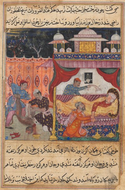 Sida från Tales of a Papegoja Tuti-nama: Femte natten: Apan dödad, hans blod..., ca. 1560. av Unbekannt