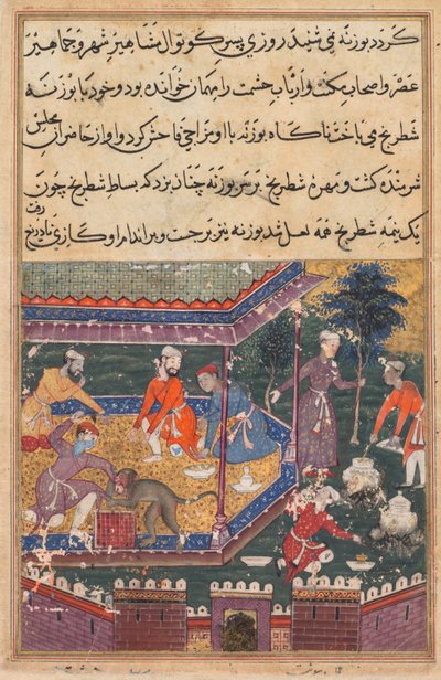 Sida från Tales of a Parrot Tuti-nama: Femte natten: Den sårade apan biter handen., c1560. av Unbekannt