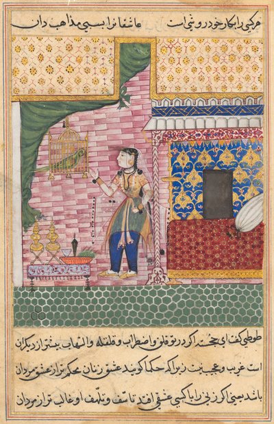 Sida från Tales of a Parrot Tuti-nama: Sjuttonde natten: Papegojan..., ca. 1560. av Unbekannt