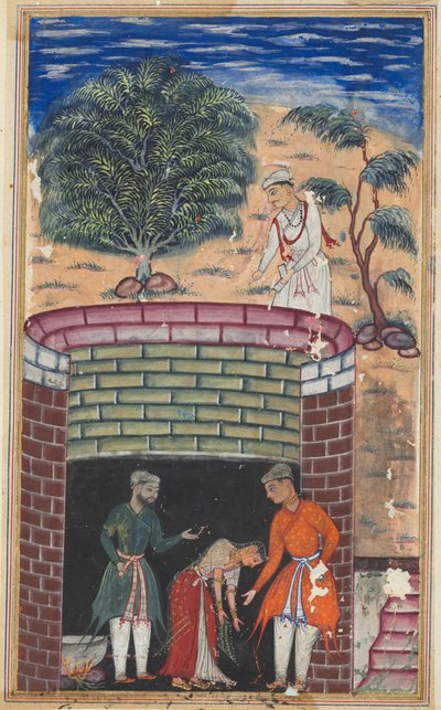 Sida från Tales of a Papegoja Tuti-nama: Sjunde natten: Kungens dotter..., ca. 1560. av Unbekannt