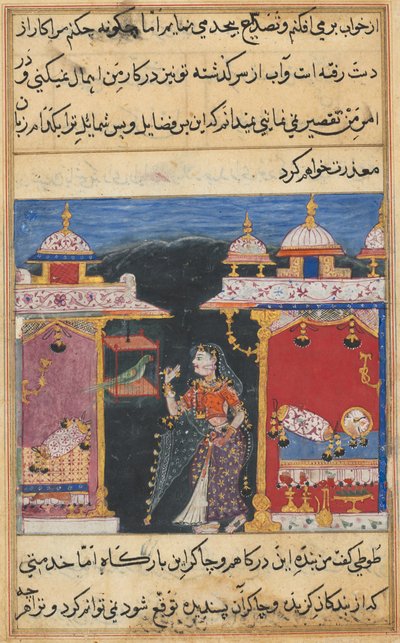 Sida från Tales of a Parrot Tuti-nama: Sjunde natten: Papegojan tilltalar Khujasta..., ca. 1560. av Unbekannt