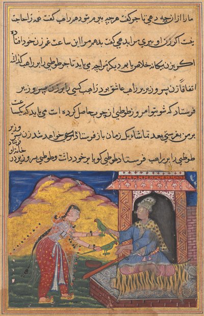 Sida från Tales of a Parrot Tuti-nama: Tionde natten: vesirens fru sänder magin..., ca. 1560. av Unbekannt