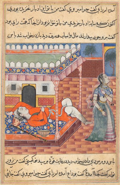 Sida från Tales of a Parrot Tuti-nama: Trettiosjätte natten: Kungen drömmer om en dam..., ca. 1560. av Unbekannt