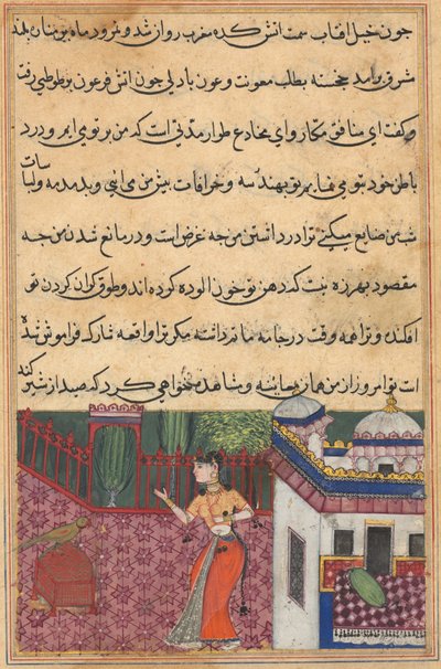 Sida från Tales of a Parrot Tuti-nama: Trettiotredje natten: Papegojan tilltalar Khujasta..., ca. 15 av Unbekannt
