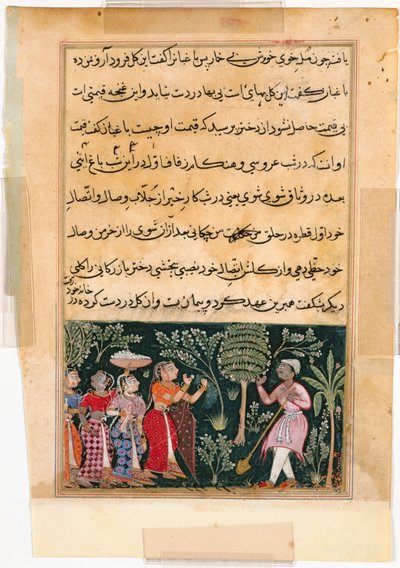 Sida från Tales of a Papegoja Tuti-nama: Tolfte natten: Dottern till köpmannen..., ca. 1560. av Unbekannt