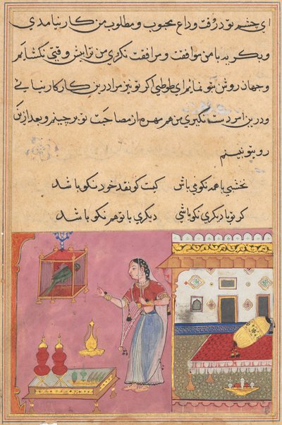 Sida från Tales of a Parrot Tuti-nama: Tjugonde natten: Papegojan tilltalar..., ca. 1560. av Unbekannt