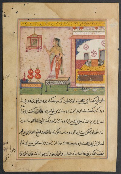 Sida från Tales of a Parrot Tuti-nama: Tjugotredje natten: Papegojan tilltalar..., ca. 1560. av Unbekannt