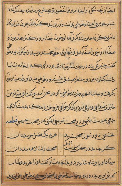 Sida från Tales of a Parrot Tuti-nama: textsida, ca. 1560. av Unbekannt
