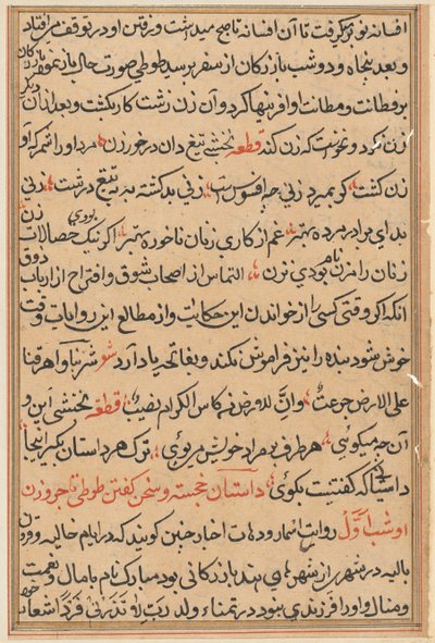 Sida från Tales of a Parrot Tuti-nama: textsida, ca. 1560. av Unbekannt