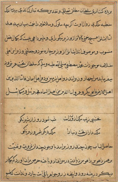 Sida från Tales of a Parrot Tuti-nama: textsida, ca. 1560. av Unbekannt
