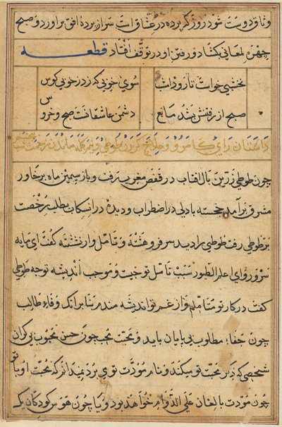 Sida från Tales of a Parrot Tuti-nama: textsida, ca. 1560. av Unbekannt