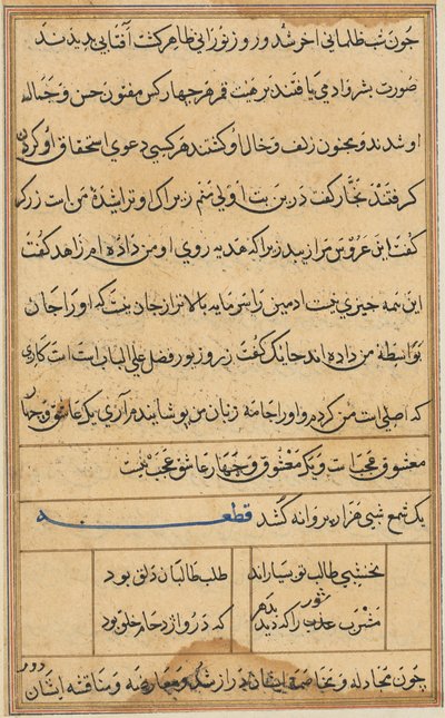Sida från Tales of a Parrot Tuti-nama: textsida, ca. 1560. av Unbekannt