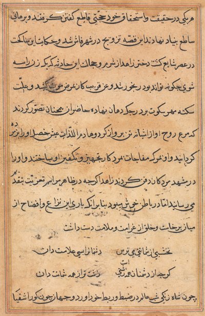 Sida från Tales of a Parrot Tuti-nama: textsida, ca. 1560. av Unbekannt