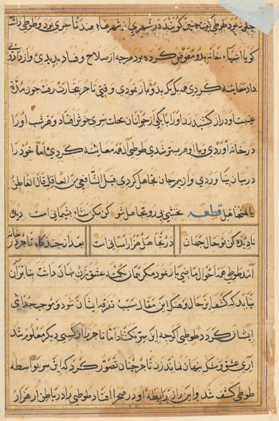 Sida från Tales of a Parrot Tuti-nama: textsida, ca. 1560. av Unbekannt