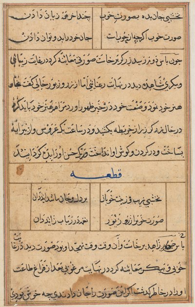 Sida från Tales of a Parrot Tuti-nama: textsida, ca. 1560. av Unbekannt