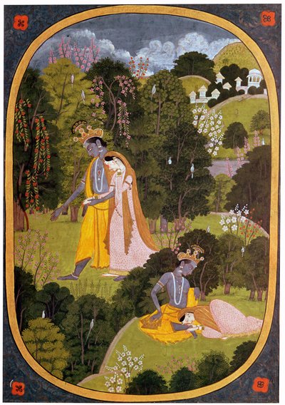 Målning av Radha och Krishna i en lund av Unbekannt