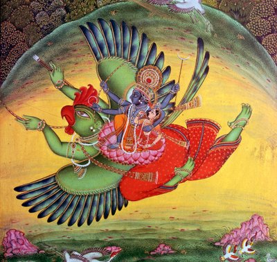 Målning av Vishnu och hans gemål Lakshmi som rider på fågelguden Garuda av Unbekannt