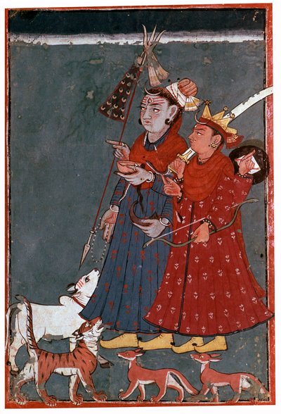 Målning av gudarna Shiva och Krishna tillsammans med en tjur, tiger och schakaler av Unbekannt