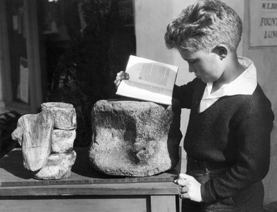 Palos Verdes, Kalifornien: c.1927 En ung pojke studerar arkeologi med hjälp av en fossiliserad förhistorisk kota som finns i de närliggande kullarna. (s/v bild) av Unbekannt