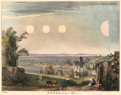 Parhelia låtsassolar utan haloer, observerade i England 1698, 1845 av Unbekannt