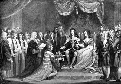 Parlamentet erbjuder kronan till William och Mary, 1689, sent 1700-tal av Unbekannt