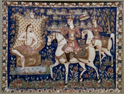 Persisk kakel som föreställer Khusrau som ser Shirin bada, 1800-talet av Unbekannt