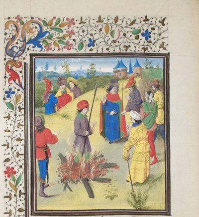Peter Bartholomew genomgår eldprovningen. Miniatyr från Historia av William av Tyrus, 1460-talet av Unbekannt