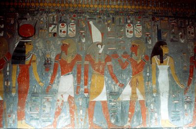 Farao Horemheb med gudinnan Isis och guden Horus, fornegyptisk, 1300-talet f.Kr. av Unbekannt