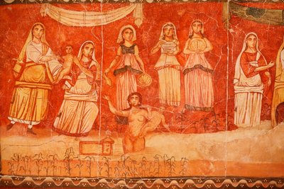 Farao och Moses barndom, fresk från synagogan i Doura (Dura) Europos, 244-245, och förvarad på Damaskus nationalmuseum. Foto taget på Jewish Museum i New York under en utställning. av Unbekannt