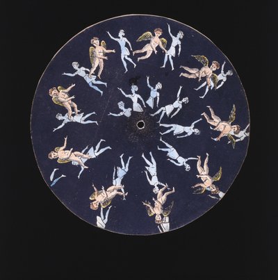 Phenakistiscope (Phenakistoscope) skiva som visar en amor och två flickor, c 1830 av Unbekannt
