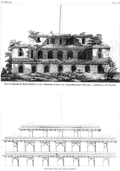 Pittoresk höjd av Shikar Gah och den berömda pelaren i Delhi, juni 1797 1799 av Unbekannt