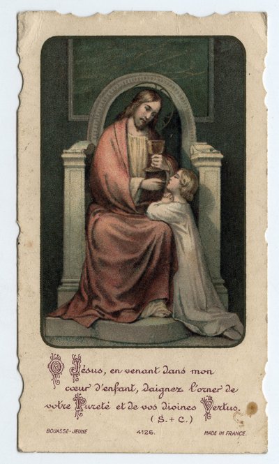 Fromma bild: Jesus ger värden till ett litet barn - Bild ges för en första nattvard 1931 av Unbekannt