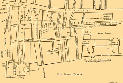 Plan över en del av Westminster mellan 1734 och 1748 - före uppförandet av Parliament Street, av Unbekannt
