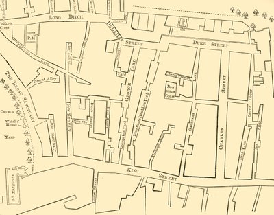 Plan över en del av Westminster mellan 1734 och 1748 - före uppförandet av Great George Street av Unbekannt