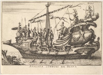 Plåt 12: Atalanta ledd av Diana Atalanta condotti da Diana, åtföljd av krigare bearin..., 1664. av Unbekannt